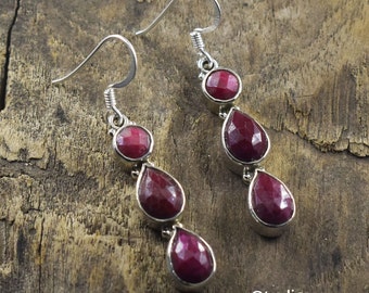 Natural Dyed Ruby Gemstone Earring,925-Sterling Silver Earring,Wedding Earring,Antique Silver Earring,Anniversary Gift Earring