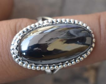 Natural Hematite Silver Ring, 925 Sterling Silver Genuine Hematite Gemstone Long Oval Statement Ring Women Hematite Jewelry Gifts for Her