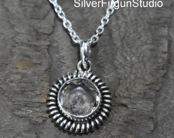Sterling Silver Clear Quartz Pendant Necklace, Round Faceted Gemstone