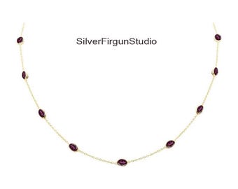 Halsband med naturlig rhodolitgranat, halsband med ädelstenar i 925 sterlingsilver, halsband med granatstation, handgjorda guldpläterade smycken, gåva till henne