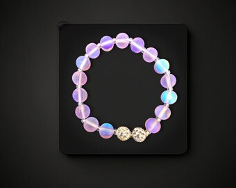 Mystic Mermaid Glass Bracelet with 8 mm Purple Moonstone Beads Dazzle in Light