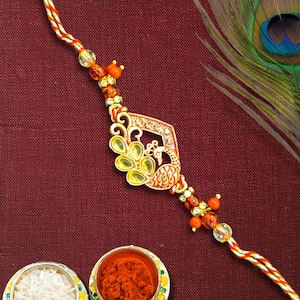 Handmade Peacock Design Rakhi with Beads Beautiful Premium Raksha Bandhan Thread Rakhi for Brother Bhai Pendant Motif Rakhi
