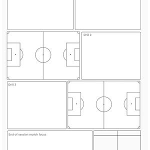 May include: A white session planner with the text "SESSION PLANNER" and "PRECISION PLANNERS". The planner includes sections for "Warm up", "Drill 1", "Drill 2", "Drill 3", and "End of session match focus". Soccer field diagrams are also included.