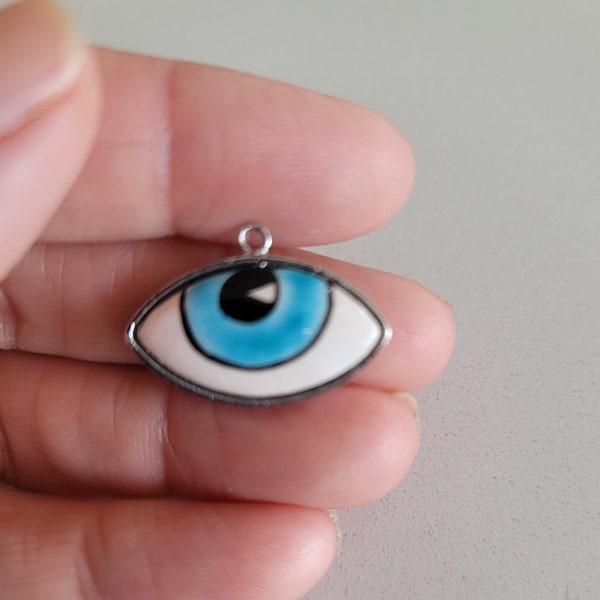 Ceramic handmade evil eye pendant , handmade one of a kind special production gold plated ceramic evil eye