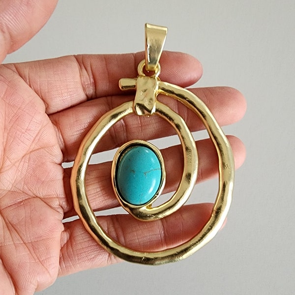 Large Spiral Swirl Vortex matte gold pendant with howlite  turquoise stone ,60 mm x 76 mm, Pendant for chain and leather