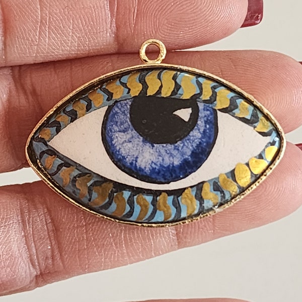 Ceramic handmade evil eye pendant , handmade one of a kind special production gold plated ceramic evil eye