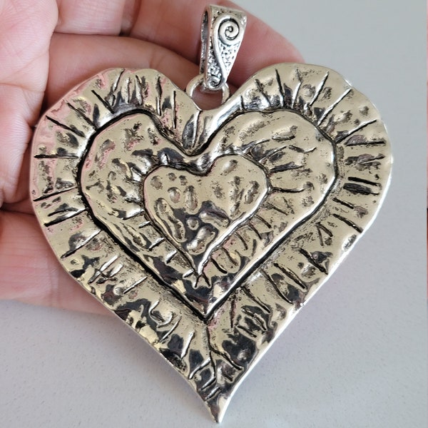 Tibetan Silver Large Hammered Heart Charms Pendants for Necklace Jewelry Making Findings perfect for leather and chain 69x65mm