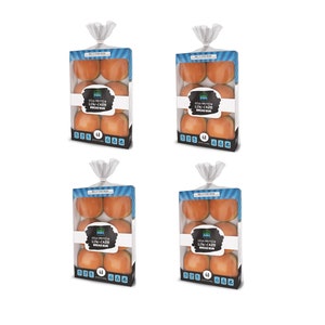 May include: Four packages of six soft, light brown, high protein, low-carb bread buns. Each package has a blue and white striped background with the text "High Protein Low-Carb Bread Bun" on a black chalkboard label.