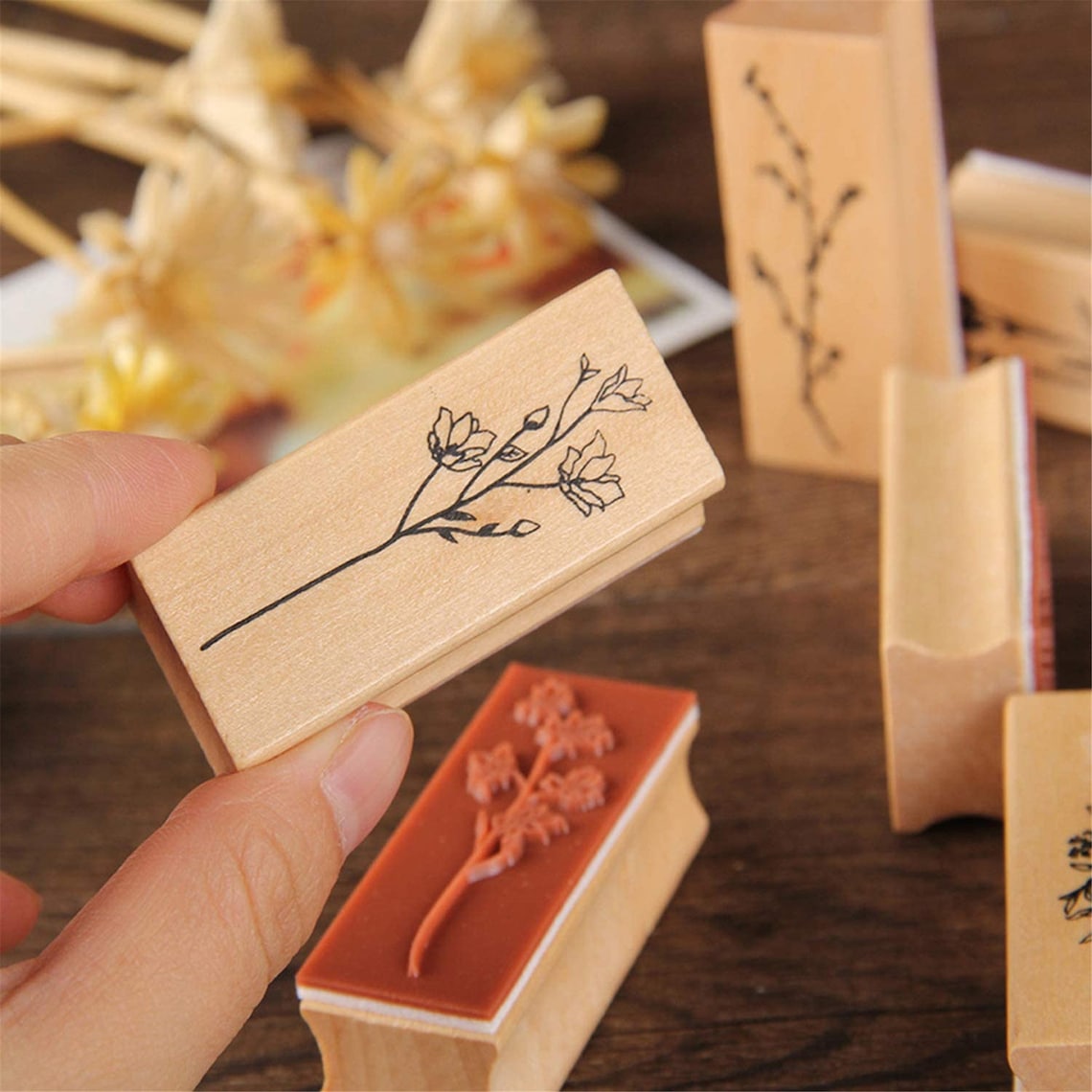 8 Pieces Wooden Rubber Stamps SetVintage Decorative Flower Etsy