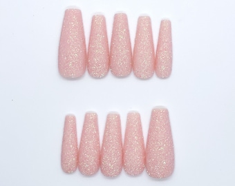 Pastel Pink Sugar Glitter Handmade Press On Nails + FREE shipping & Prep Kit + Customize Shape and Length | Long, Short, Coffin