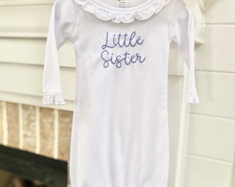 CUSTOM BABY GOWN / Ruffle Trim Hand Embroidered Name / Baby Shower Gift / Custom Baby Gift/ Personalized Baby Gift /Birth Announcement