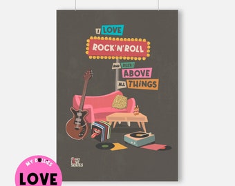 Decorative plate "I Love Rock'n'Roll", for lovers of good music. Love Collection by MyDöllies. Customizable gift.