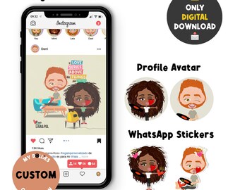 Personalized digital portrait, Pack with avatars and stickers for WhatsApp ideal couples