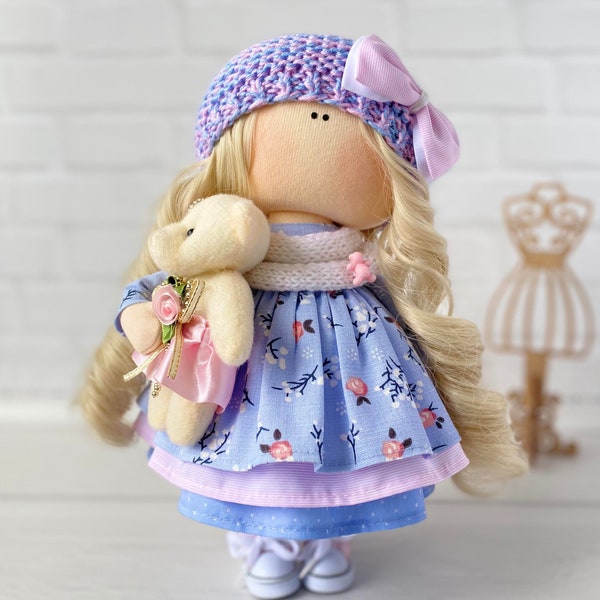 Handmade interior Tilda doll with bear teddy Collectible doll long blue dress Princess Tilda doll with long white hair Rag doll Textile doll