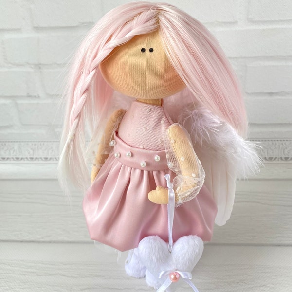 Poupée Tilda Angel Doll OOAK Tilda avec une robe rose et de longs cheveux roses Poupée Tilda pour collectionneur Poupée d'intérieur pour décoration cadeau de Noël pour fille