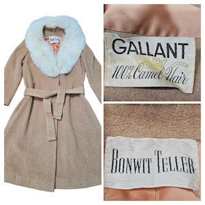 Vintage Bonwit Teller Camel Hair Fur Trimmed Coat Women Large Tan Belted ILGWU