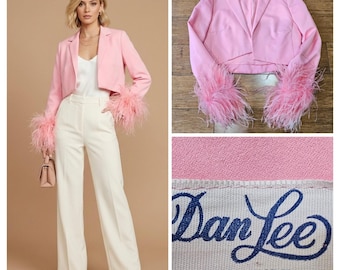 Vintage Original 70s Dan Lee Couture Cropped Blazer Womens M Pink Feather Cuffs