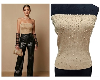 Vintage Cache Tube Top Womens Large Gold Pearl Beaded Ribbed Y2K Mermaidcore