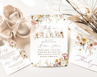 Baby In Bloom Invite Set, Spring Floral, Blush Dusty Rose Wildflowers, Boho Spring Flowers, Girl Baby Shower Invitation, Cottage, Fall