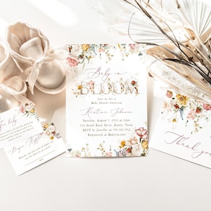Baby In Bloom Invite Set, Spring Floral, Blush Dusty Rose Wildflowers, Boho Spring Flowers, Girl Baby Shower Invitation, Cottage, Fall bild 1