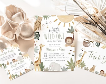 Boho Safari Baby Shower Invite Set, Jungle Theme, Wild One Is On The Way, Zoo Animals, Baby Boy, Bohemian, Elephant, Lion, Giraffe, Sloth