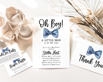 Blue Bow Tie Baby Shower Invitation Set, A Little Man Is On The Way, Oh Boy, Bowtie, Little Man Shower, Baby Boy, Polka Dots, Simple, Modern