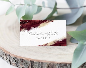 Burgundy Place Card, Burgundy And Gold Watercolor Splash, Wedding Seating Card, ANY OCCASION, Tent Card, DIY Name Cards, Maroon, Birthday