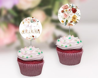 Cottage Floral Cupcake Toppers, Baby In Bloom, 2 Inch Rounds, Boho Baby Shower, Wildflowers, Spring Floral, Fall Floral, Dusty Rose,
