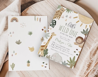 Boho Safari Baby Shower Evite+Utskrivbar inbjudan, Djungeltema, Vilda djuren är på väg, Zoodjur, Bebispojke, SMS-inbjudan, Mall
