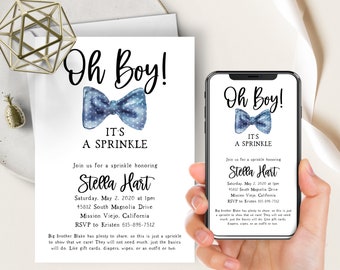 Bow Tie Baby Sprinkle Evite+Printable Invite, Oh Boy, Blue Bowtie Baby Shower, Text Message Invite, Electronic, Baby Boy Invitation,Editable
