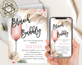 Brunch and Bubbly Bridal Shower Phone Evite+Printable Invite, Boho Pampas Grass, Pink Floral, Rose Bridal Invitation, Champagne, Earth Tones