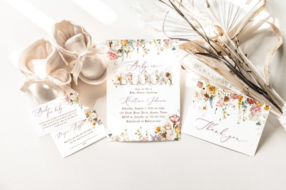 Baby In Bloom Invite Set, Spring Floral, Blush Dusty Rose Wildflowers, Boho Spring Flowers, Girl Baby Shower Invitation, Cottage, Fall