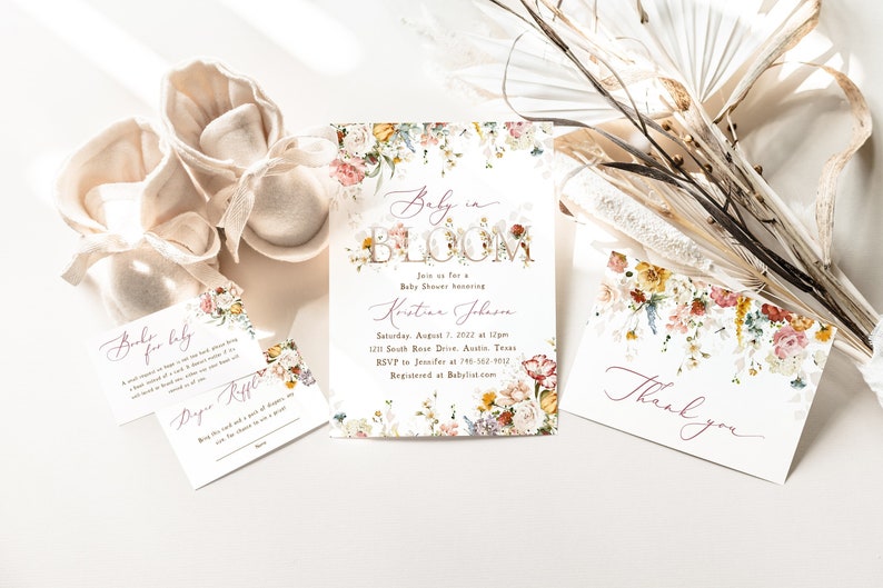 Baby In Bloom Invite Set, Spring Floral, Blush Dusty Rose Wildflowers, Boho Spring Flowers, Girl Baby Shower Invitation, Cottage, Fall bild 1