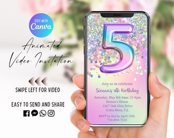 May include: A smartphone displays a digital birthday invitation. The invitation features a large, iridescent number 5 balloon against a pastel background with the text "Join us to celebrate Sienna's 5th Birthday". Additional text includes event details and RSVP information.