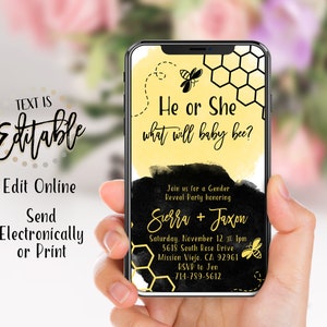 Bee Gender Reveal Phone Evite+Printable Invite, What Will Baby Bee, Yellow And Black Watercolor, Modern, Bumble Bee Invite, Reveal Decor image 2