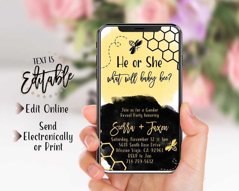 Bee Gender Reveal Phone Evite+Printable Invite, What Will Baby Bee, Yellow And Black Watercolor, Modern, Bumble Bee Invite, Reveal Decor image 2