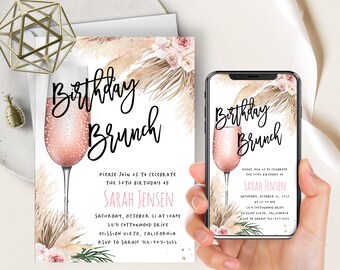 Boho Birthday Brunch Invitation: Pampas Grass, Pink Floral (Evite+Printable)