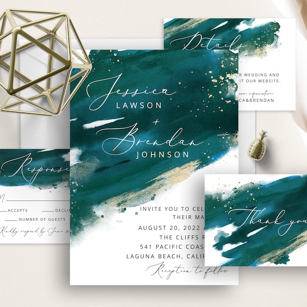 Teal Blue Wedding Invite Set, Teal And Gold Watercolor Splash, Paint Brush Strokes, Modern, Simple, Elegant Wedding Invitation, Teal Green