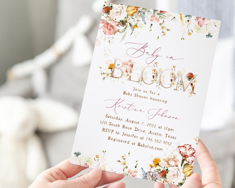 Baby In Bloom Invite Set, Spring Floral, Blush Dusty Rose Wildflowers, Boho Spring Flowers, Girl Baby Shower Invitation, Cottage, Fall bild 2