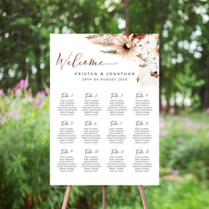 Gráfico de assentos florais boho, placa de números de mesa, modelo de plano de assentos, capim-dos-pampas, flores secas, rústico, tons de terra, terracota