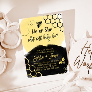 Bee Gender Reveal Phone Evite+Printable Invite, What Will Baby Bee, Yellow And Black Watercolor, Modern, Bumble Bee Invite, Reveal Decor image 4