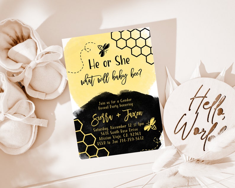 Bee Gender Reveal Phone Evite+Printable Invite, What Will Baby Bee, Yellow And Black Watercolor, Modern, Bumble Bee Invite, Reveal Decor image 4