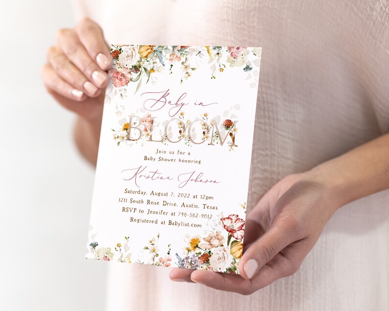 Baby In Bloom Invite Set, Spring Floral, Blush Dusty Rose Wildflowers, Boho Spring Flowers, Girl Baby Shower Invitation, Cottage, Fall bild 3