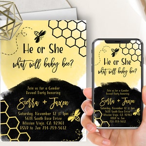 Bee Gender Reveal Phone Evite+Printable Invite, What Will Baby Bee, Yellow And Black Watercolor, Modern, Bumble Bee Invite, Reveal Decor