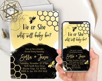 Bee Gender Reveal Phone Evite+Printable Invite, What Will Baby Bee, Yellow And Black Watercolor, Modern, Bumble Bee Invite, Reveal Decor