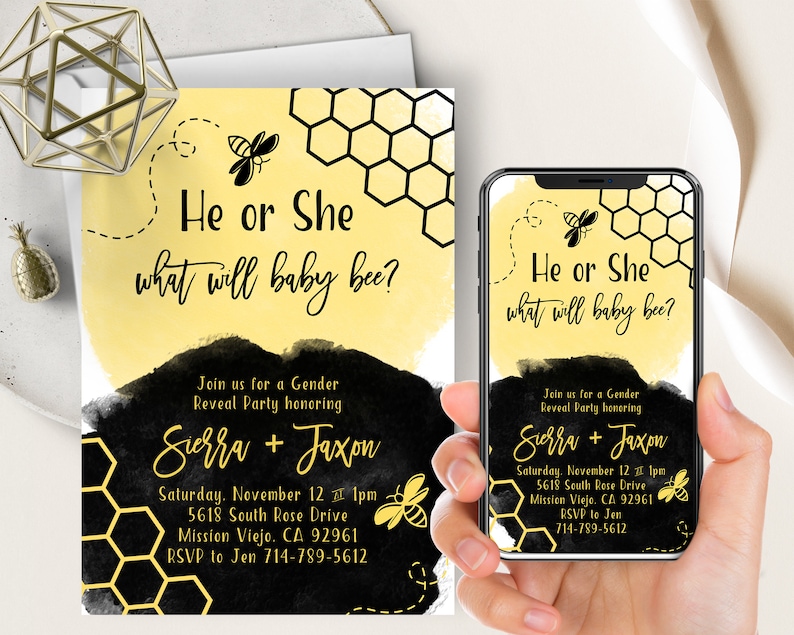 Bee Gender Reveal Phone Evite+Printable Invite, What Will Baby Bee, Yellow And Black Watercolor, Modern, Bumble Bee Invite, Reveal Decor image 1