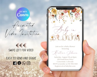 Baby In Bloom Video Invitation, Animated Invite, Boho Spring Floral, Blush Dusty Rose Wildflowers, Digital, Electronic Evite, Cottage, Fall