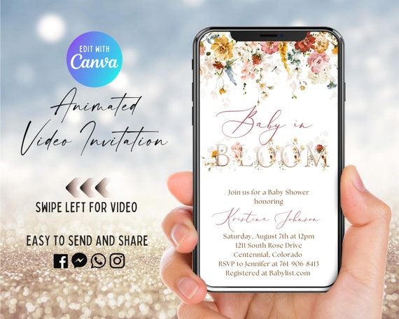 Baby In Bloom Video Invitation, Animated Invite, Boho Spring Floral, Blush Dusty Rose Wildflowers, Digital, Electronic Evite, Cottage, Fall