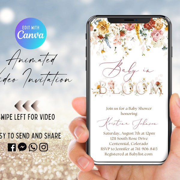 Baby In Bloom Video Invitation, Animated Invite, Boho Spring Floral, Blush Dusty Rose Wildflowers, Digital, Electronic Evite, Cottage, Fall
