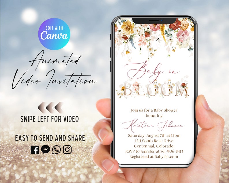 May include: A digital invitation for a baby shower with a floral design. The text reads "Baby in Bloom" and includes the name "Kristine Johnson". The invitation includes the date, time, location, and RSVP information.
